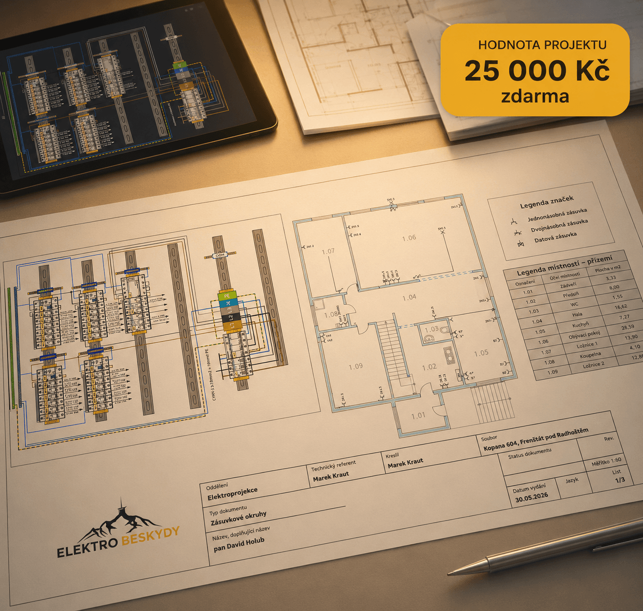 Projektová dokumentace elektroinstalace se schématy a plány od Elektro Beskydy v hodnotě 25 000 Kč zdarma
